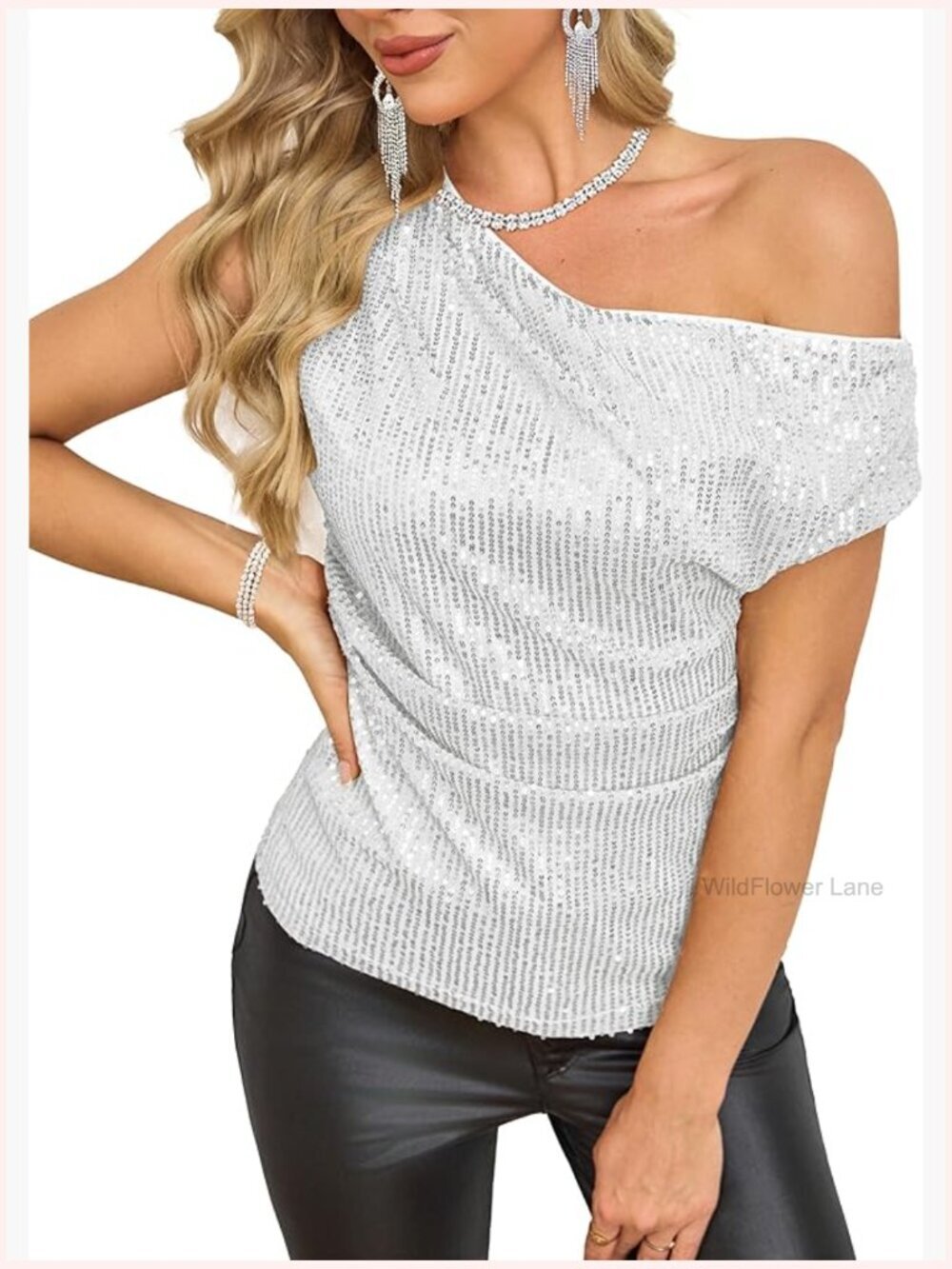 One Shoulder Sequin Top Asymmetrical Ruched Blouse Party Cocktail Sparkly